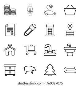 Thin line icon set : coin stack, smart watch, electric car, basket, account balance, pencil, building, map, bungalow, baggage trolley, water tap, sink, nightstand, pig, spruce, towel