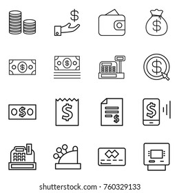 Thin line icon set : coin stack, investment, wallet, money bag, cashbox, dollar arrow, receipt, account balance, mobile pay, credit card, atm