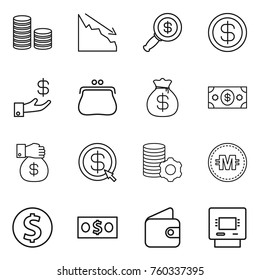 Thin line icon set : coin stack, crisis, dollar magnifier, investment, purse, money bag, gift, arrow, virtual mining, crypto currency, wallet, atm