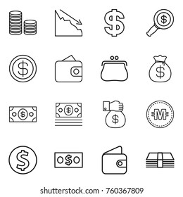 Thin line icon set : coin stack, crisis, dollar, magnifier, wallet, purse, money bag, gift, crypto currency