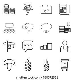 Thin line icon set : coin stack, 24 7, calendar, newspaper, structure, cloude service, cloud wireless, mall, tower crane, sms, sorting, workman, mushroom, spikelets, hive