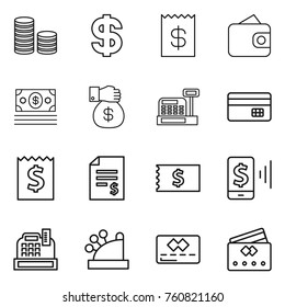 Thin line icon set : coin stack, dollar, receipt, wallet, money, gift, cashbox, credit card, account balance, mobile pay