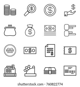 Thin line icon set : coin stack, dollar magnifier, investment, purse, money bag, diagram, crypto currency, account balance, receipt, cashbox, invoice