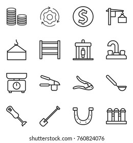 Thin line icon set : coin stack, around gear, dollar, loading, crane, rack, detector, water tap, kitchen scales, garlic clasp, walnut crack, ladle, blender, shovel, horseshoe, grain elevator