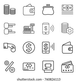 Thin line icon set : coin stack, wallet, purse, money, diagram, cashbox, phone pay, virtual mining, hand, dollar, mobile, percent, credit card, atm