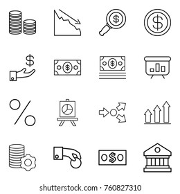 Thin line icon set : coin stack, crisis, dollar magnifier, investment, money, presentation, percent, core splitting, graph up, virtual mining, hand, library