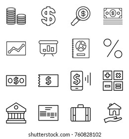 Thin line icon set : coin stack, dollar, magnifier, money, statistics, presentation, annual report, percent, receipt, mobile pay, calculator, library, invoice, suitcase, housing