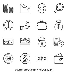 Thin line icon set : coin stack, crisis, dollar, magnifier, investment, purse, money bag, gift, virtual mining, crypto currency, wallet