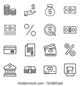Thin line icon set : coin stack, investment, money bag, percent, dollar arrow, credit card, account balance, library, atm
