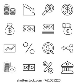 Thin line icon set : coin stack, crisis, dollar magnifier, money bag, gift, statistics, percent, arrow, core splitting, virtual mining, library