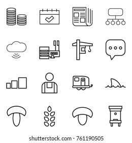 Thin line icon set : coin stack, calendar, newspaper, structure, cloud wireless, mall, tower crane, sms, sorting, workman, trailer, shark flipper, mushroom, spikelets, hive