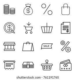 Thin line icon set : coin stack, money bag, percent, shopping, dollar arrow, add to cart, basket, account balance, market, sale, atm receipt, credit card