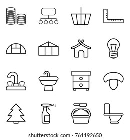Thin line icon set : coin stack, structure, basket, ruler, greenhouse, bungalow, bulb, water tap, sink, nightstand, mushroom, spruce, sprayer, washing powder, toilet