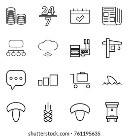 Thin line icon set : coin stack, 24 7, calendar, newspaper, structure, cloud wireless, mall, tower crane, sms, sorting, baggage trolley, shark flipper, mushroom, spikelets, hive