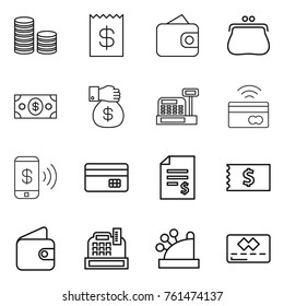 Thin line icon set : coin stack, receipt, wallet, purse, money, gift, cashbox, tap to pay, phone, credit card, account balance