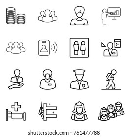 Thin Line Icon Set : Coin Stack, Group, Woman, Presentation, Pass Card, Wc, Architector, Client, Support Manager, Security Man, Tourist, Hospital, Skyscrapers Cleaning, Cleaner, Outsource