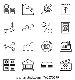 Thin line icon set : coin stack, crisis, dollar magnifier, receipt, investment, graph, percent, abacus, core splitting, up, crypto currency, cashbox, calculator, library, money, credit card