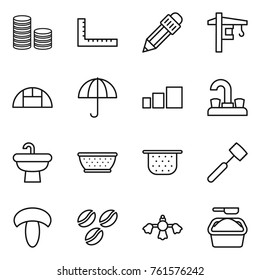 Thin line icon set : coin stack, ruler, pencil, tower crane, greenhouse, dry cargo, sorting, water tap, sink, colander, meat hammer, mushroom, coffee seeds, hard reach place cleaning, washing powder