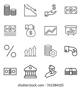 Thin line icon set : coin stack, crisis, investment, money, gift, statistics, presentation, percent, graph up, virtual mining, hand, library, real estate
