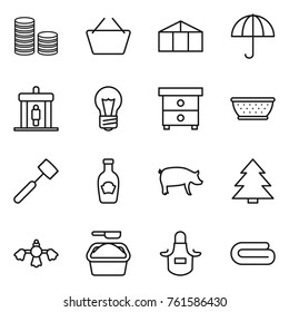 Thin line icon set : coin stack, basket, greenhouse, dry cargo, detector, bulb, nightstand, colander, meat hammer, ketchup, pig, spruce, hard reach place cleaning, washing powder, apron, towel