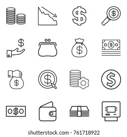 Thin line icon set : coin stack, crisis, dollar, magnifier, investment, purse, money bag, gift, arrow, virtual mining, wallet, atm