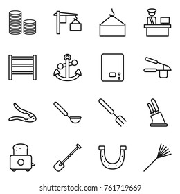 Thin line icon set : coin stack, loading, crane, customs control, rack, anchor, kitchen scales, garlic clasp, walnut crack, ladle, big fork, knife holder, toaster, shovel, horseshoe, rake