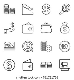Thin line icon set : coin stack, crisis, dollar, magnifier, investment, wallet, purse, money bag, arrow, virtual mining, crypto currency, atm