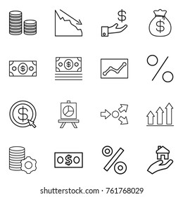 Thin line icon set : coin stack, crisis, investment, money bag, statistics, percent, dollar arrow, presentation, core splitting, graph up, virtual mining, real estate