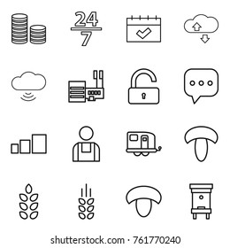 Thin line icon set : coin stack, 24 7, calendar, cloude service, cloud wireless, mall, unlock, sms, sorting, workman, trailer, mushroom, spikelets, hive