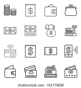 Thin line icon set : coin stack, receipt, wallet, purse, money, gift, cashbox, tap to pay, mobile, credit card