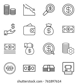 Thin line icon set : coin stack, crisis, dollar magnifier, investment, wallet, money bag, gift, arrow, virtual mining, crypto currency, atm