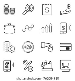 Thin line icon set : coin stack, dollar magnifier, receipt, investment, purse, graph, up, phone pay, virtual mining, crypto currency, hand, credit card, mobile, percent, cashbox, atm
