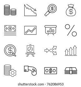 Thin line icon set : coin stack, crisis, dollar magnifier, money bag, statistics, presentation, percent, arrow, core splitting, graph up, virtual mining, hand