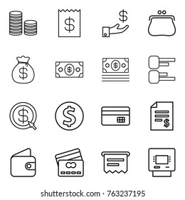 Thin line icon set : coin stack, receipt, investment, purse, money bag, diagram, dollar arrow, credit card, account balance, wallet, atm