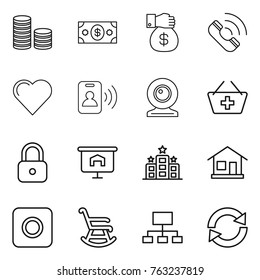 Thin line icon set : coin stack, money, gift, call, heart, pass card, web cam, add to basket, lock, presentation, hotel, home, ring button, rocking chair, hierarchy, reload