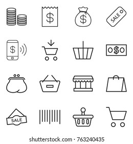Thin line icon set : coin stack, receipt, money bag, sale, phone pay, add to cart, basket, purse, remove from, market, shopping, bar code