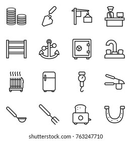 Thin line icon set : coin stack, construction, loading, customs control, rack, anchor, safe, water tap, radiator, fridge, handle scales, garlic clasp, ladle, big fork, toaster, horseshoe