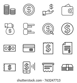 Thin line icon set : coin stack, dollar, investment, wallet, money gift, diagram, arrow, credit card, receipt, account balance, mobile pay, atm