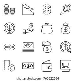Thin line icon set : coin stack, crisis, dollar, magnifier, investment, purse, money bag, gift, arrow, virtual mining, wallet, atm