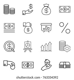 Thin line icon set : coin stack, investment, money bag, gift, presentation, percent, dollar arrow, graph up, virtual mining, hand, real estate