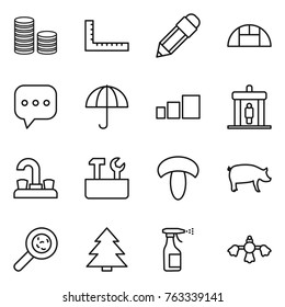 Thin line icon set : coin stack, ruler, pencil, greenhouse, sms, dry cargo, sorting, detector, water tap, repair tools, mushroom, pig, viruses, spruce, sprayer, hard reach place cleaning