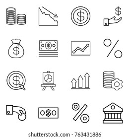Thin line icon set : coin stack, crisis, dollar, investment, money bag, statistics, percent, arrow, presentation, graph up, virtual mining, hand, library