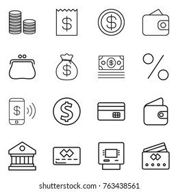 Thin line icon set : coin stack, receipt, dollar, wallet, purse, money bag, percent, phone pay, credit card, library, atm