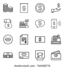 Thin line icon set : coin stack, receipt, dollar, investment, money gift, cashbox, message, phone pay, crypto currency, account balance, credit card, atm