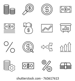 Thin line icon set : coin stack, dollar magnifier, money, gift, statistics, presentation, percent, arrow, core splitting, graph up, virtual mining