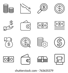 Thin line icon set : coin stack, crisis, dollar magnifier, investment, wallet, money, gift, arrow, virtual mining, atm