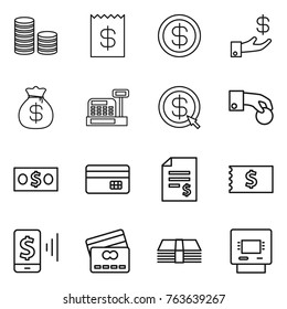 Thin line icon set : coin stack, receipt, dollar, investment, money bag, cashbox, arrow, hand, credit card, account balance, mobile pay, atm