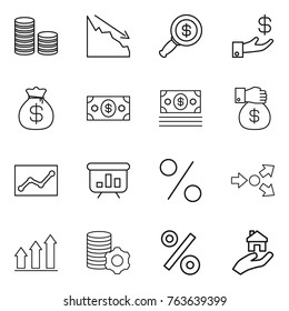 Thin line icon set : coin stack, crisis, dollar magnifier, investment, money bag, gift, statistics, presentation, percent, core splitting, graph up, virtual mining, real estate