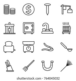 Thin line icon set : coin stack, dollar, nail, loading, detector, safe, water tap, radiator, toaster, kitchen scales, walnut crack, ladle, knife holder, fork, horseshoe, rake