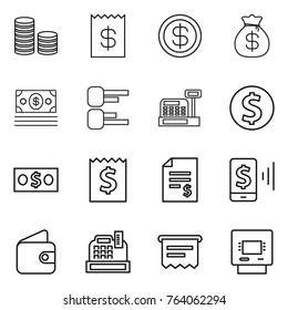 Thin line icon set : coin stack, receipt, dollar, money bag, diagram, cashbox, account balance, mobile pay, wallet, atm